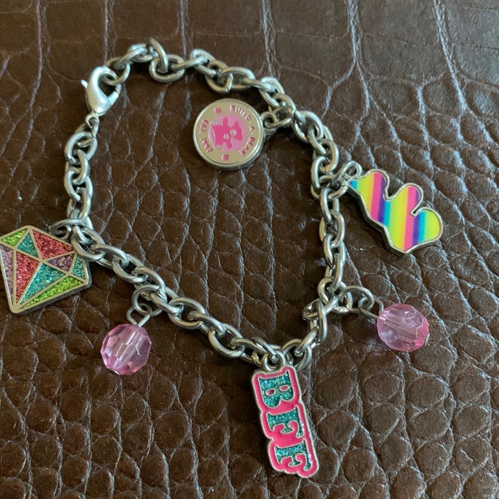 Build a Bear silver tone rainbow color multi pendant 7” bracelet
